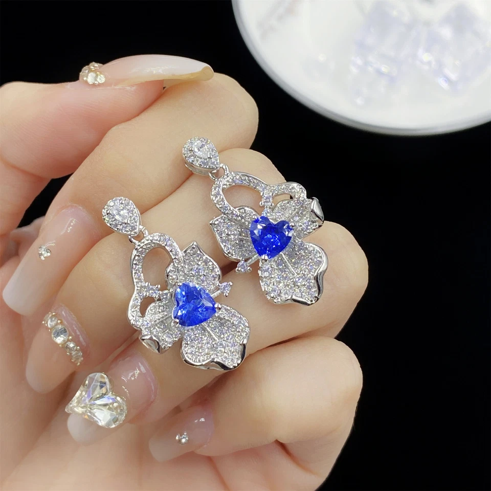 New Flower Design Heart Royal Blue Topaz Gemstone Women Silver Dangle Earring - Image 3 of 4