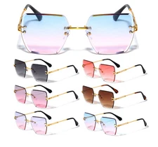 WOMENS RIMLESS SQUARE AVIATOR SUNGLASSES BEVELED LENSES LUXURY ELITE RETRO VTG