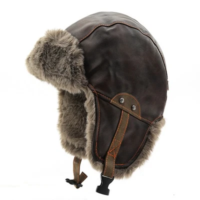 Hommes Vintage Hiver Chaud Chapeau Trappeur Simili Cuir Rabat Oreille Ski Cap - Photo 1/4