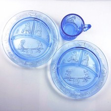 Tiara Blue Nursery Rhyme Child Plates Cup Glass Embossed Vintage 3 Piece