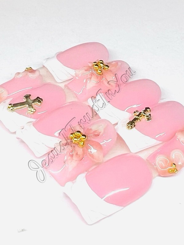 FRENCH CROSS GLASS RHINESTONE - SHORT  SQUARE- HARD GEL PRESS ON NAILS 💅