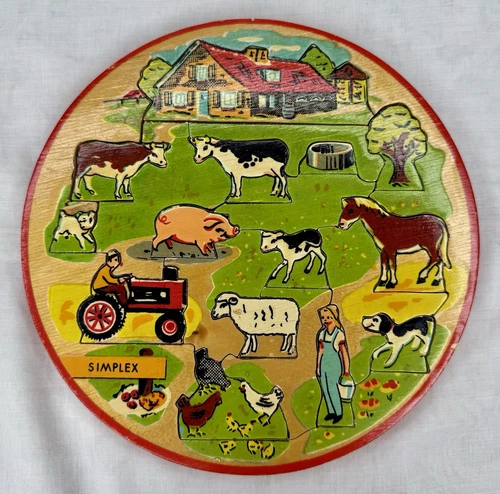 Vintage Simplex Childs Wooden Jigsaw Puzzle Farm Early Learning Made In Holland