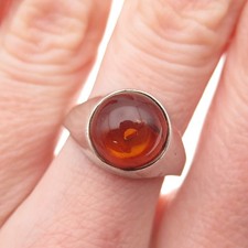 925 Sterling Silver Vintage Real Amber Modernist Ring Size 7.5