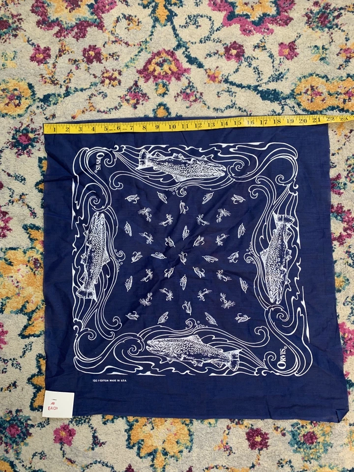 Orvis "Trout Fishing" Bandana 21" x 21" NWT Blue Made In USA 100% Cotton NWT - Image 4 of 4