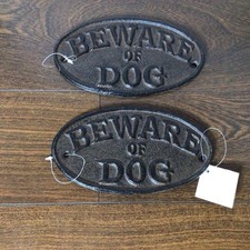 2x Cast Iron BEWARE OF DOG 7  Oval Plaque Sign Rustic Ranch Wall Decor Kennel