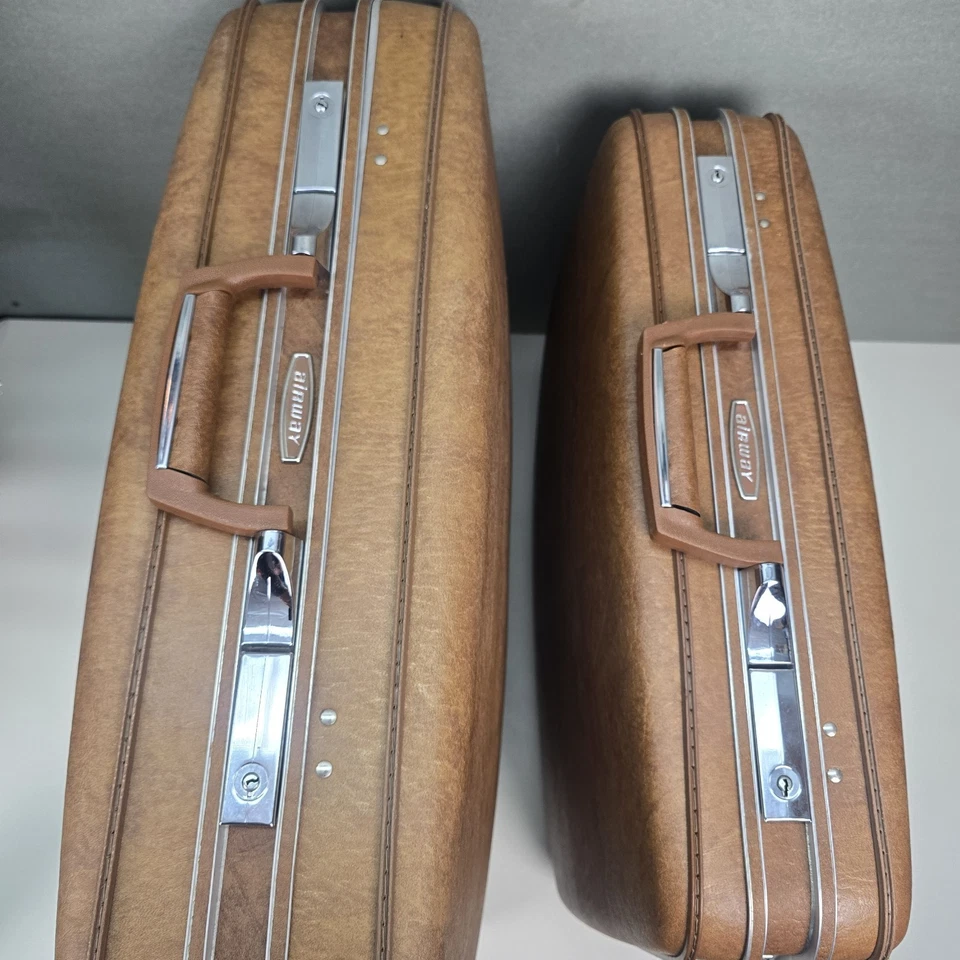 Vntg Airway Suitcase 2pc Set Mid Century Hardshell Luggage Retro Tan BROWN  - Image 4 of 4