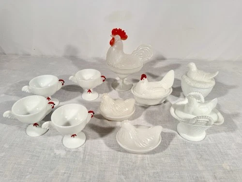 16 piece lot- Vtg Westmoreland Milk Glass Standing Rooster Hen & Nest Dish -Avon