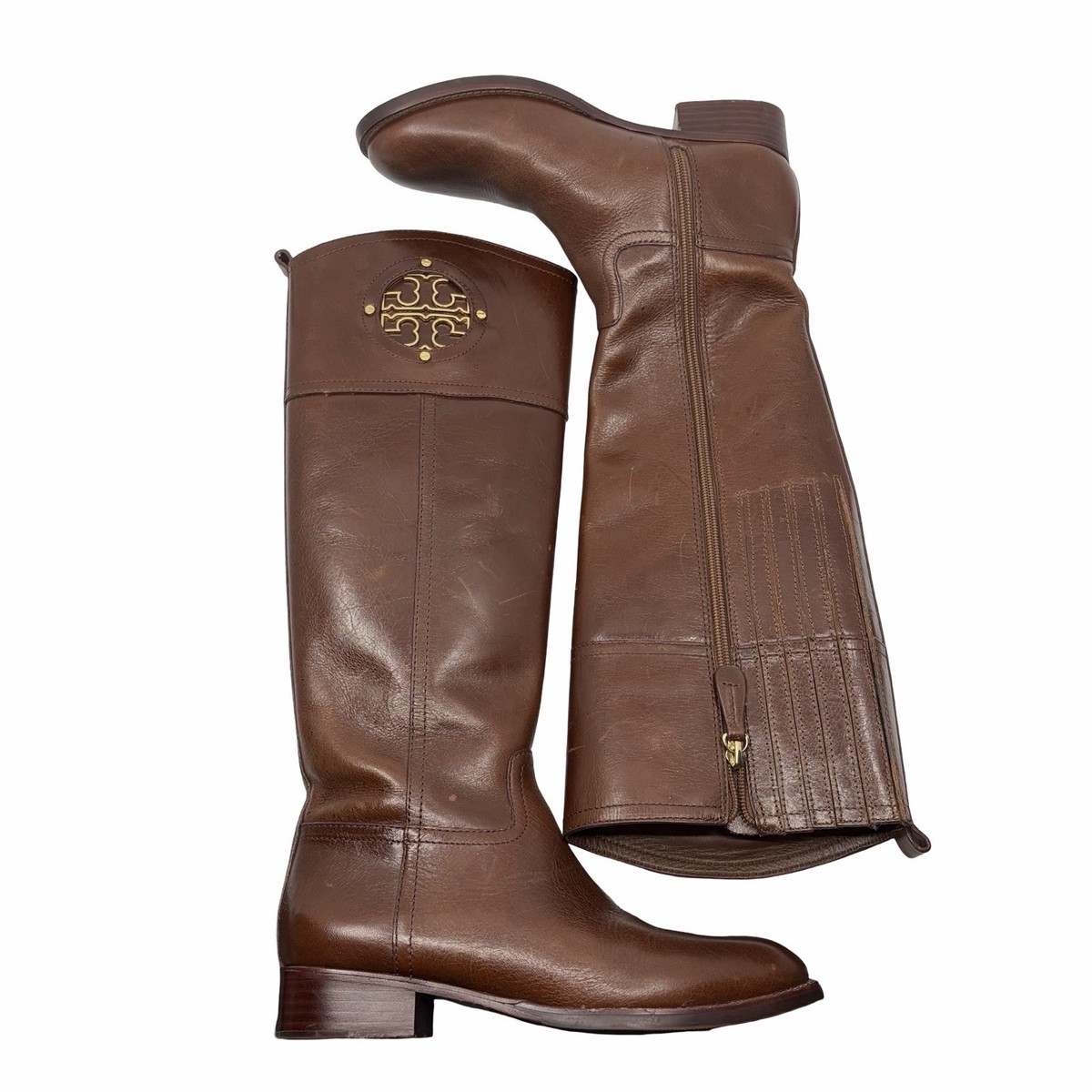 Tory Burch Kiernan Brown Leather Logo Low Heel Knee High Riding