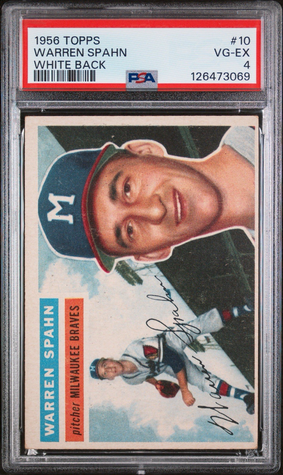 1956 Topps Warren Spahn #10 White Back Milwaukee Braves PSA 4 VG-EX HOF
