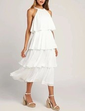 Lulus Tier and Far White Tiered Pleated Halter Midi Dress Size S Plisse Bridal