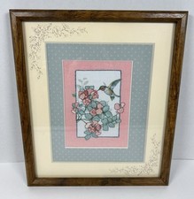 Completed Framed Cross StitchHummingbird Flowers Pink 12"x13.5" VTG GORGEOUS 
