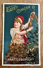 Estey Organ Co Brattleboro Vermont Trade Card Girl Harp c1885