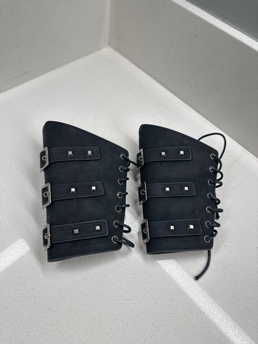 Black Faux Leather Lace-Up Arm Bracers Cuffs – Gothic Punk Style (Pair)