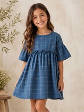 Tea Collection Girls Blue Metallic Windowpane Ruffle Bell Sleeve Dress Size 12