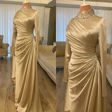 Muslim Long Sleeve Wedding Dresses Satin Women A Line High Neck Bridal Gowns