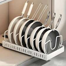 Pull Out Pots & Pans Organizer – Sliding Pan Lid Rack Under Cabinet Storage w/ D