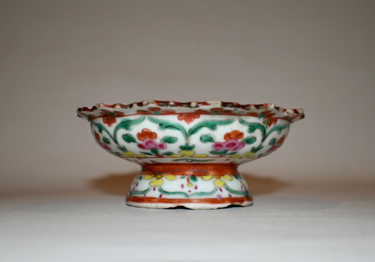 Antique Bencharong / Benjarong Period Enameled Porcelain Pedestal / Stem Dish