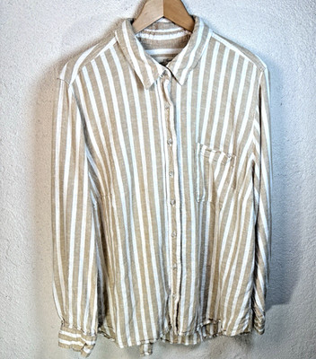 Universal Thread Womens 2X  Tan White Striped Linen Button Shirt Coastal Travel