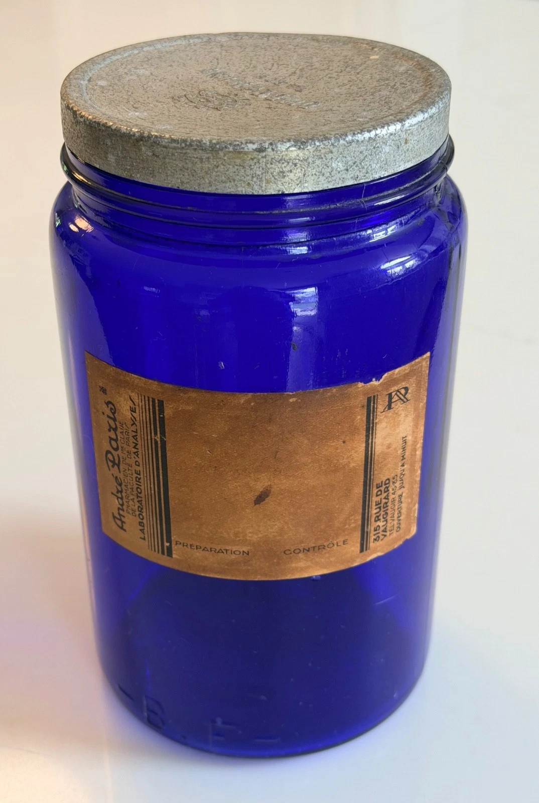 ANTIQUE DIADERMINE Colbalt Blue Glass Jar w/Aluminum Top *Old Andre Paris Label