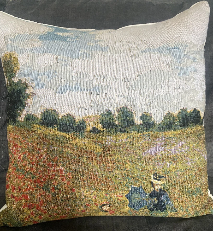 Hines of Oxford “Monet Poppyfield” 18” sq. Almohada tapiz espalda terciopelo marfil Foto 2 de 4