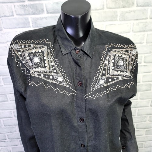 Vintage 90s Massimo Womens 6 Black Linen Blend Embellished Studded Western Shirt - Picture 3 of 7