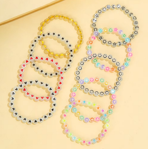 Kids Glow in the Dark Heart Star Cloud Smiling Face Elastic Beads Bracelet - Picture 2 of 4