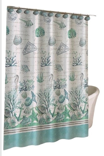Caribbean Joe Coastal Cloth Shower Curtain and 12 Shell Hooks Salt Sand Sea - Picture 8 of 12