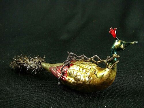 Antique Glass Ornament:BIRD w HEAD PLUME, WIRE CABLE WRAPPING & SPUN GLASS TAIL  - Picture 1 of 11