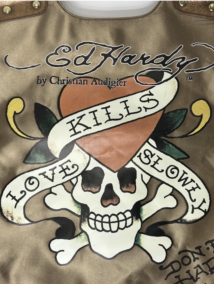 Don Ed Hardy Love Kills Slowly Bronze Handbag Purse Bag Tote