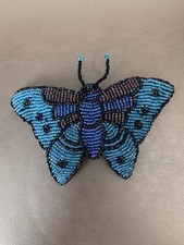 Vintage Large Beaded Butterfly Barrette Blue Teal Handmade Made in France