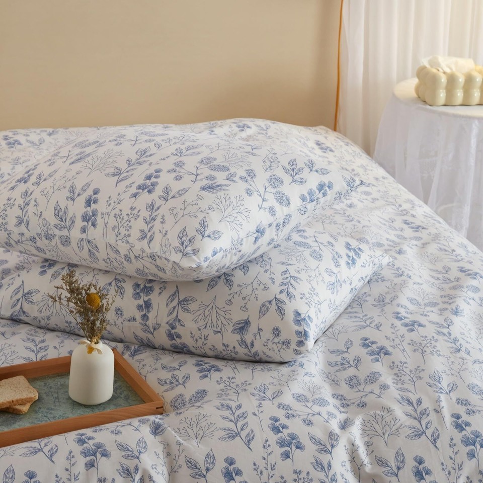 REYOS 3 Piece Floral Duvet Cover Queen White Duvet Cover Blue Floral