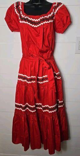 Tory Burch Embroidered Peasant Maxi Dress Red Ruffle Bottom Puff Sleeve Size S - Picture 2 of 10