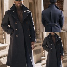 Navy Men's Wool Long Overcoats with Belt Winter Warm Outdoor Wear Business Coat