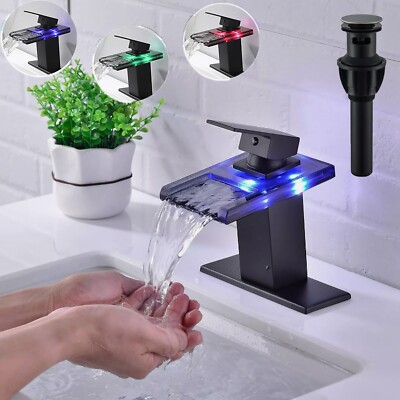 LED Black Bathroom Faucet Waterfall Glass Lavatory Sink Vanity Mixer Tap W/Drain