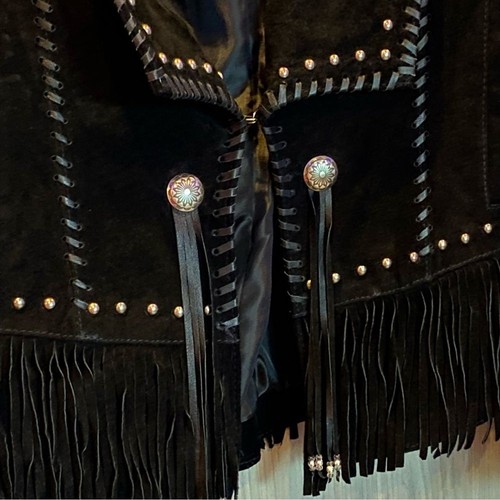 Scully Black Fringe Leather Suede Jacket Studs Size L Large - Picture 6 of 15