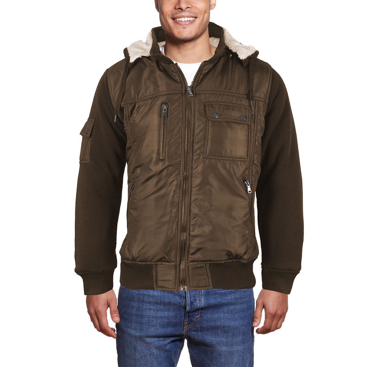 Мужская универсальная куртка-бомбер на молнии с несколькими карманами на подкладке из шерпа