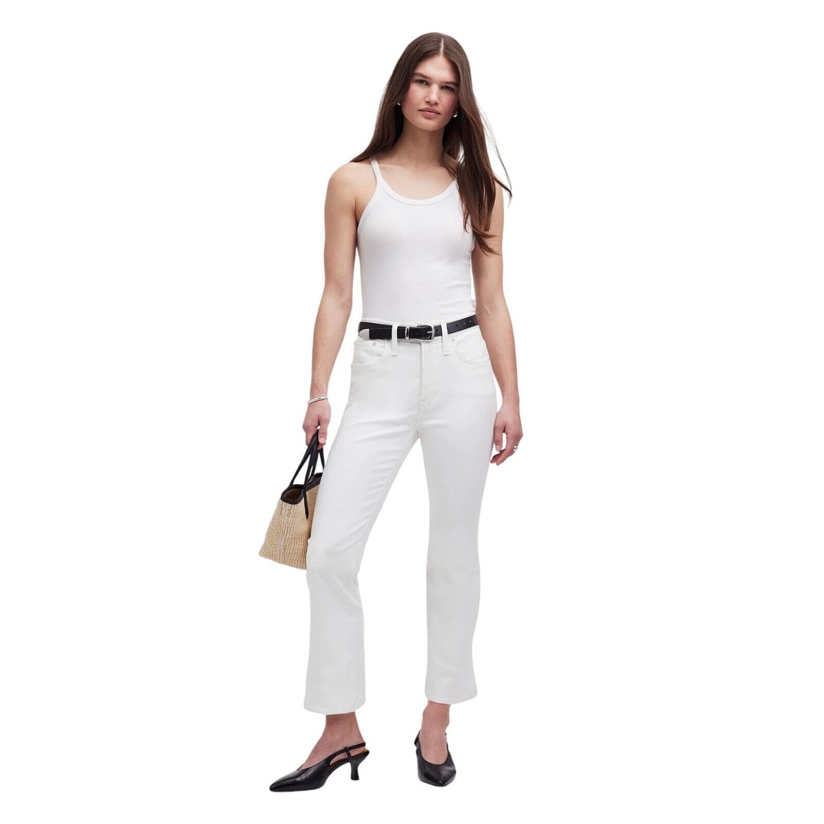 Madewell Mid Rise Kick Out Cropped Jeans Flare Leg Pure White Denim Size 23