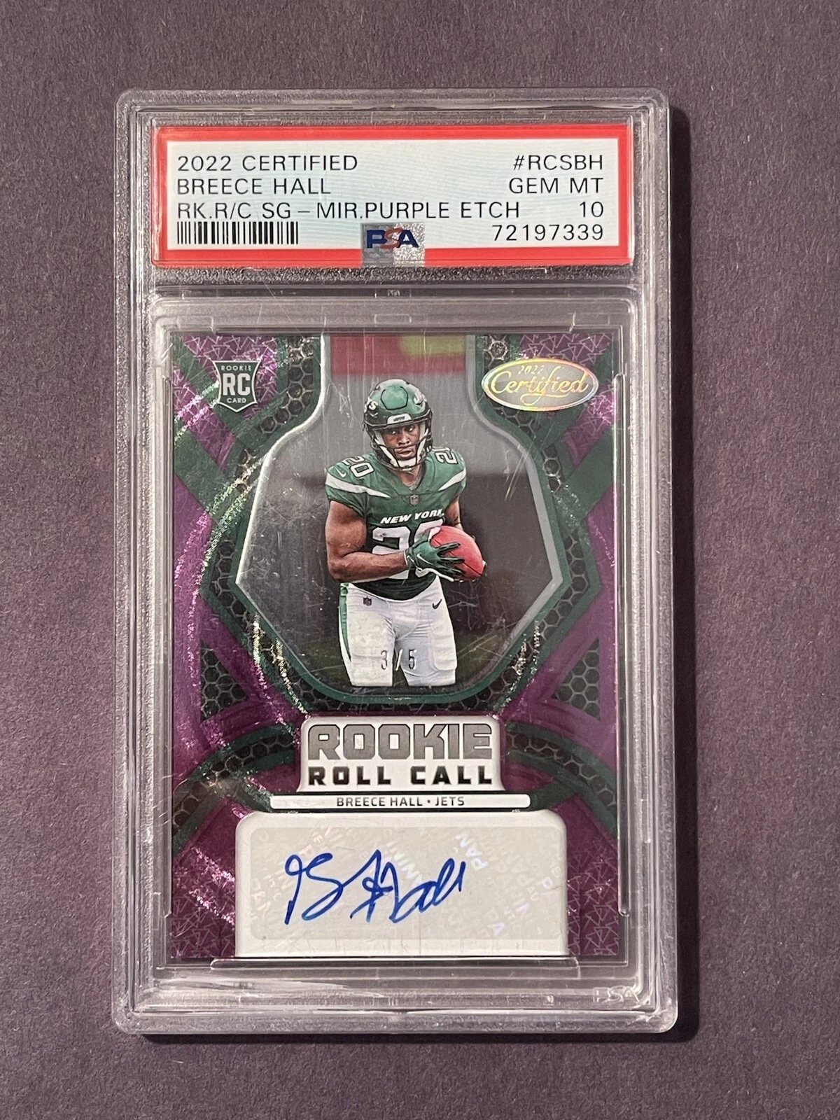 Breece Hall Panini Certified Rookie Roll Call Signatures #RCSBH Mirror Purple Etch