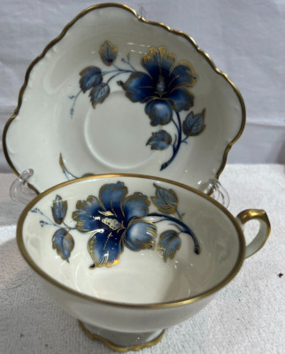 Alka Bavaria Germany Cup Saucer White Blue Floral Gold Trim England Symphonie