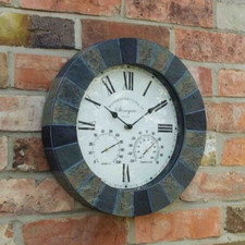 Stonegate Wall Clock & Thermometer 14" Slate Effect Outside-In By Smart Garden