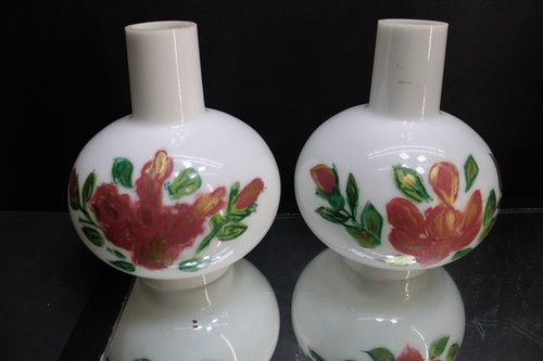 PAIR Vintage Hand Painted Glass Hurricane Style Boudoir Lamp with Matching Shade - Picture 3 of 8