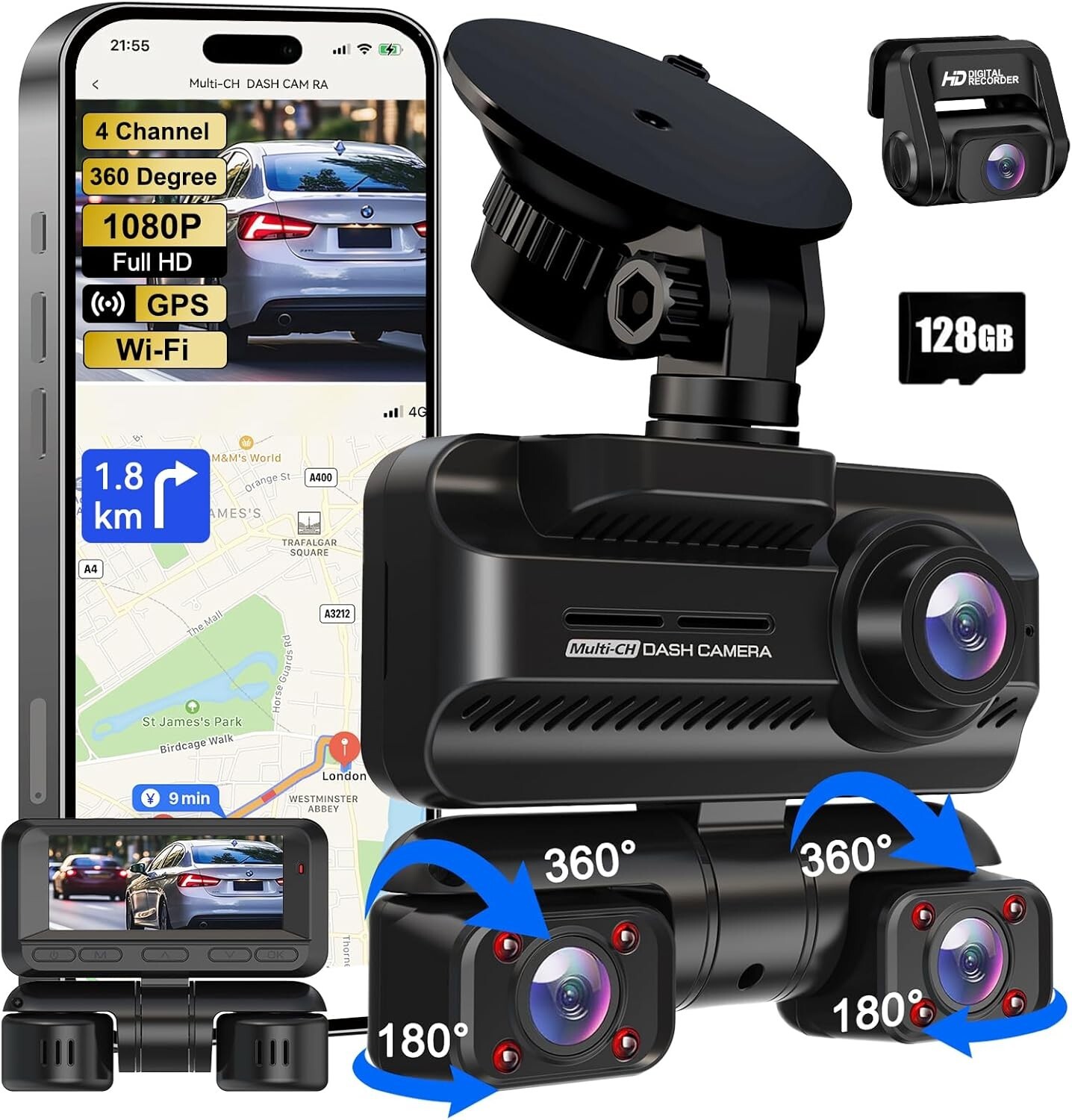 4K 4 Channel Dash Cam with 128GB for Front Rear Inside Car Recording-image