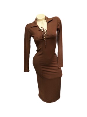 Lush Lace Up Collared Midi Dress Side Slit XS Extra Small NWOT BROWN | eBay