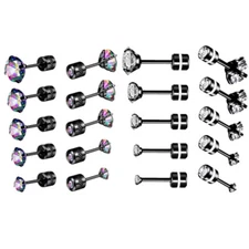 5 Pairs Men Women Titanium Steel CZ Screw Back Stud Earrings Hypoallergenic 20G