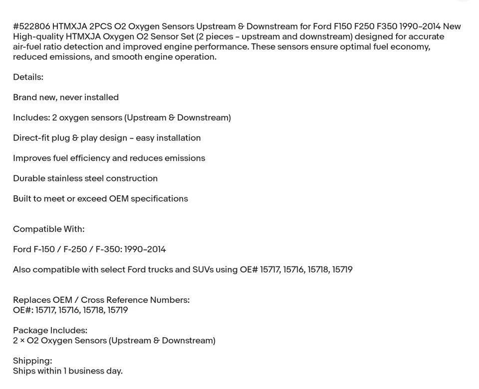 Sensores de oxígeno O2 aguas arriba y aguas abajo 2 piezas para Ford F150 F250 F350 1990 Foto 2 de 4