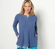 LOGO Lounge Lori Goldstein Cloud Waffle Split Neck Top-Vintage Indigo-1X-A467724