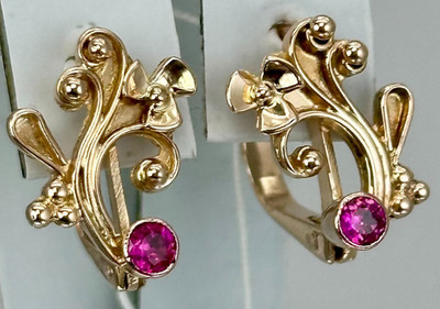 RAR USSR Vintage Original Rose Gold Ruby (lab. created) Earrings 583 14K 4.01 g.