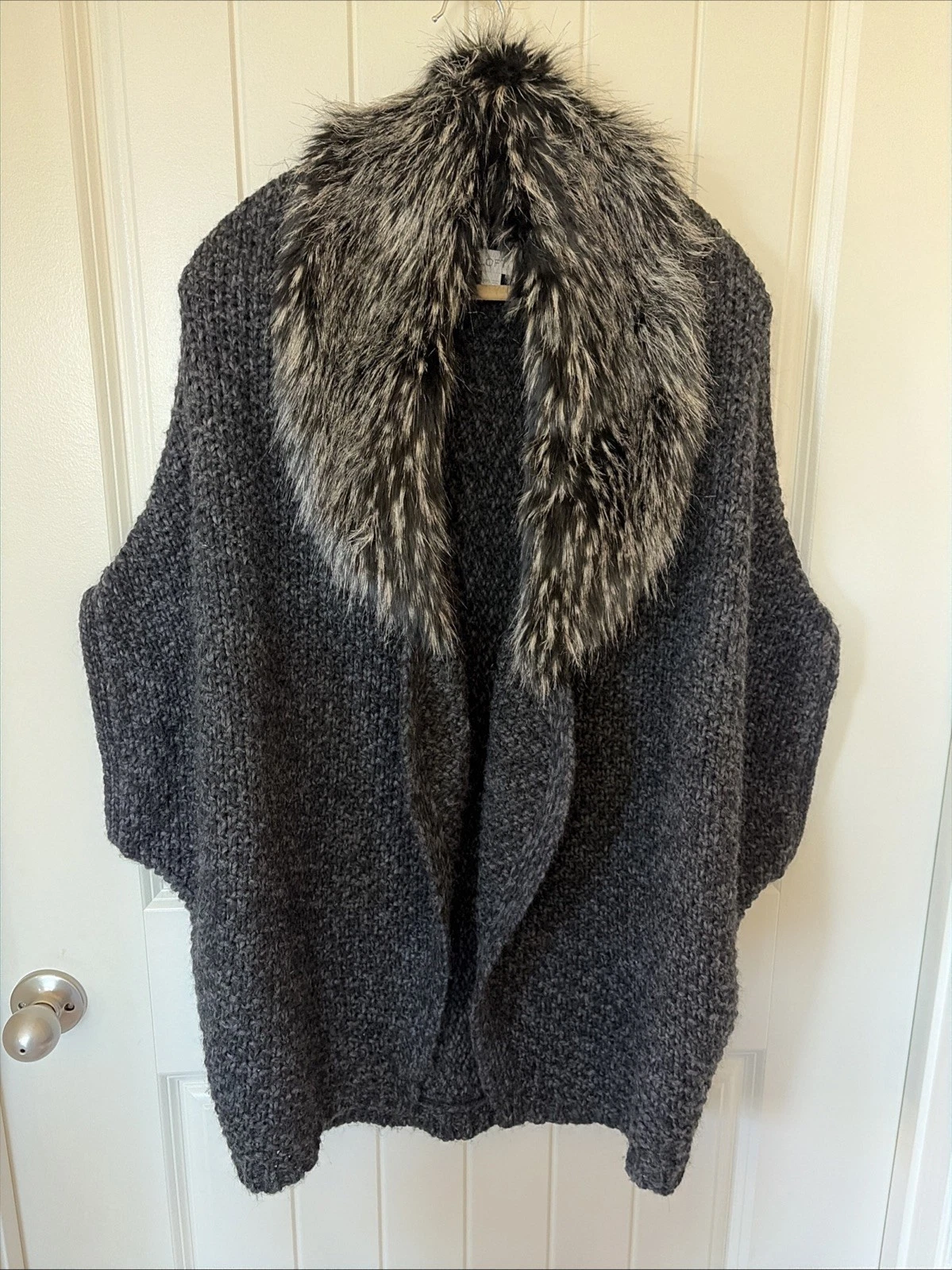 Sz XS S LOFT Wool Blend Gray Poncho Sweater Pullover, Fur Collar￼￼