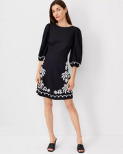 NEW ANN TAYLOR $169 BLACK EMBROIDERED LINEN BLEND OPEN BACK FLARE DRESS SZ 12