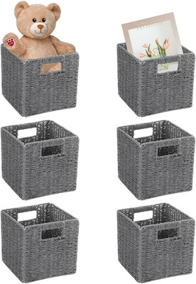 6 Pack 8.7 Inch Foldable Wicker Storage Baskets Paper Rope Cube Organizer Gray